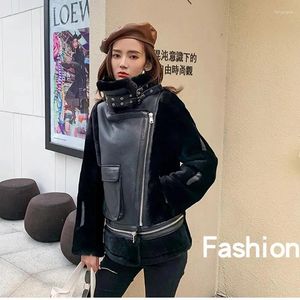 Couro feminino 2023 moda casaco de inverno genuíno shearling jaqueta de pele carneiro para feminino retalhos forro de lã roupas preto