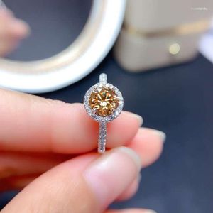 Cluster Rings Luxury Yellow Diamond for Women Silver 925 Round Created Gemstone Jewelry Fashion Wedding Party Romantic Gift Champagne