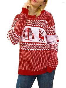 Women's Sweaters Christmas Long Sleeve Round Neck Reindeer Geometric Print Pullover Casual Knit Tops