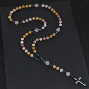 Collane con ciondolo 8 mm Quarzo rosa Mala Labradorite Pietra di cotone giallo naturale Cristo Rosario Ematite Croce Coroncina Gioielli