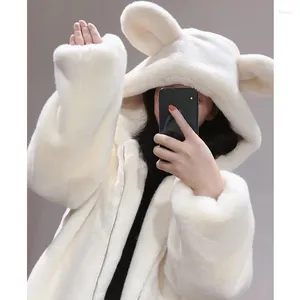 女性の毛皮のフェイクミンクコート女性冬のかわいいクマの耳フード付きジャケット厚い温かい純粋な色シンプルファッションぬいぐるみ