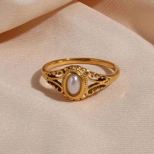 Band Rings Thin 18K Gold Plated Hollow Texture Natural Freshwater Pearl Rings For Women Stainless Steel Tarnish Free Gold Ring 231021