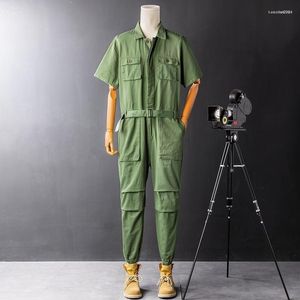 Herrbyxor herrstil japansk vintage cyklist turn-down krage kort ärm casual playsuit herrar sommar jumpsuits mode man