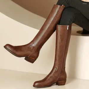 Botas de couro genuíno mulheres joelho alto outono inverno 4cm med saltos casuais moda longa senhoras sapatos tamanho 34-40