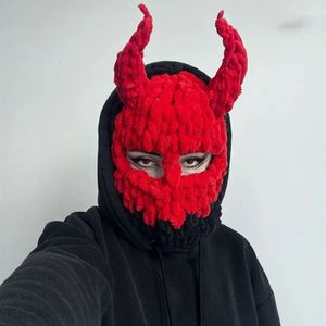 Beanieskull Caps Halloween Unisex Sticked Balaclava Hat Devil's Horn Winter Warm Adult Party Funny Beanies Cap Handmade Bonnet 231021