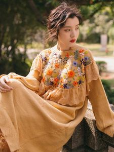 Sıradan Elbiseler Vintage Mori Kız Sonbahar Elbise Kancalı Dikiş Retro Nakış Dantel Yün Kazak Ortaçağ Uzun Kadınlar İçin