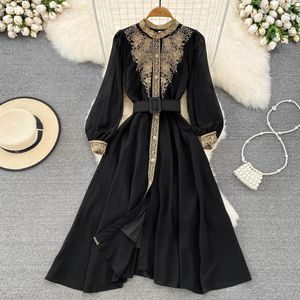 Autumn Vintage Style Long Sleeve Round Neck Gold Thread Embroidery Waist Slim Single breasted A-line Dress Elegant Long Dress