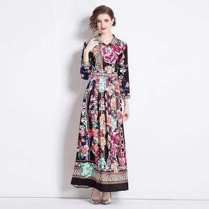 Retro Floral Maxi 2024S Dress New Woman Designer Classic Lapel Formal Button Shirt Dresses 2023 Autumn Winter Vacation Long Sleeve Print Slim Ruched es