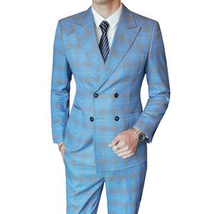 Ternos masculinos Blazers Luz Azul Três Peças Set Homens Xadrez Slim Double Breasted Terno Casaco Calças Colete High End Grande Tamanho S-5XL Blazer Jaqueta Business 231023