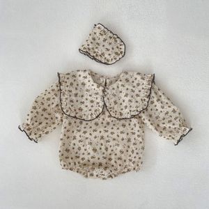 Macacões outono traje infantil criança bonito ruffle turndown colarinho mangas compridas bodysuit menino menina bebê algodão floral impressão casual onesie 231023