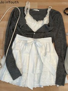 İş elbiseleri tatlı 3 adet set 2023 Kadın Giyim Uzun Kollu Mahsul Haltan Dantel Yelek Bandaj Yay A-Line Mini Etek Kıyafetleri Moda Takım