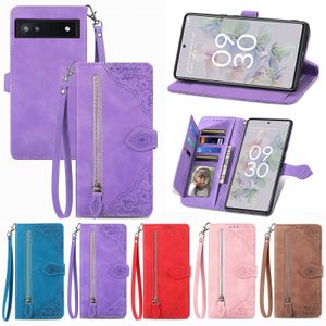 PU Leather Imprint Flower Zipper Card Holder Wallet Case For Google Pixel 8 Pro 7A 7 6A 6 5a 5 4 Flip Stand Phone Cover Funda with Lanyard