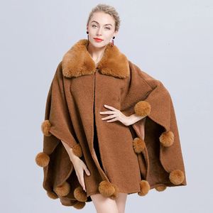 Women's Cape Women's Jackets High Quality Women Woolen Cardigans Faux Fur Ball Patchwork Loose Plus Size Office Lady's Cape Winter Thick Outerwear Cloak Coat 231023