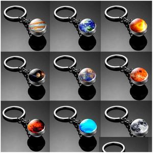Keychains Lanyards Åtta planetariska Galaxy Pendant Key Chain Neba Double-Sided Glass Ball Keyring Drop Delivery DH1CN