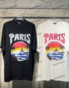 xinxinbuy män designer tee t shirt hawaiian kokosnöt torn handmålat brev tryck kort ärm bomullskvinnor svart vit xs-l