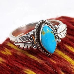 Cluster Rings Huitan Marquise Imitation Turquoise Bohemia Leaf Antique Silver Color Finger Accessories For Women Fancy Jewelry