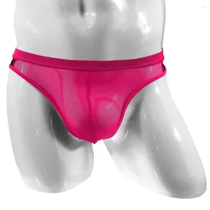 Cuecas masculinas finas sexy malha transparente u convexo g-string tanga briefs t-back calcinha sem costura roupa interior gelo seda