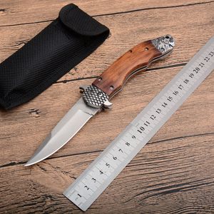1Pcs Top Quality Auto Tactical Folding Knife 8Cr13 Satin Blade Wood Handle Outdoor EDC Pocket Knives With Nylon Sheath
