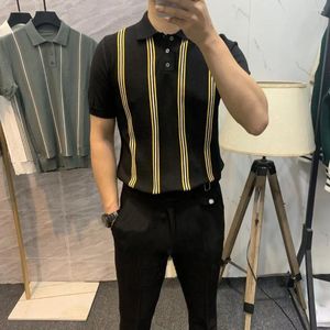 Men's Polos Summer High-end Ice Silk Striped Short-sleeved Knitted POLO Shirt Thin Cover Belly Slim Trend Lapel T-shirt