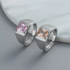 Cluster Ringe Mode Silber Farbe Rosa Braun Quadrat Stein Breite Offene Fingerring Einstellbar Für Frauen Mädchen Schmuck Geschenk Dropship Großhandel