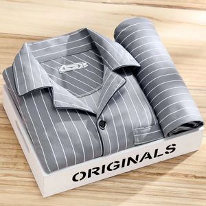 Pijamas masculinos pijamas outono manga comprida pijama duas peças coreano solto listrado pijama terno masculino casual roupas de sono conjunto 231020