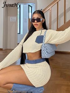 Work Dresses JusaHy Women Sexy Knitted Beach Holiday Two Piece Sets Patchwork Long Sleeve Tops&Elastic Ruched Mini Short Hip Skirt Suit