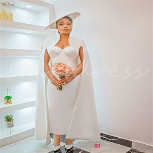 Civil Boho Nigeria Wedding Dress With Cape Elegant Ankle Length African Beach Bride Dress 2024 Chic Arabic Dubai Bridal Gown Sheath Vestidos De Novia Casamento