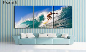 Surfing Canvas Måla stora HD -modulära bilder på väggkonsten Cuadros Decoracion 3st. Oramade väggbilder för vardagsrum4571516