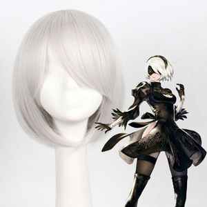 Nier Automata 2B Yorha No. 2 parrucca bianca corta diritta donne Bob costumi cosplay capelli sintetici resistenti al calore