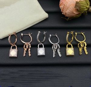 Full Diamonds Zircon Ear Studs Lock key Pendant Women Designer Titanium Steel Lover Earrings Gold Silver Rose Colors Hoop Fashion Jewelry Wholesale Retail
