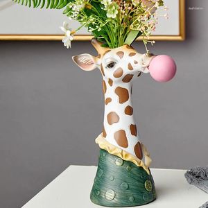 Vases Creative Modern Animal Head Resin Succulent Vase FlowerPot Hand Painting Giraffe Zebra Panda Blowing Bubbles Bust Figure