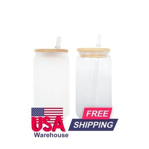 USA/CA lagrade 16 oz Clear Frosted Glass Mugs SubliMation Blanks 16oz Juice Soda Cocktail Car Mugs för DIY -tryckning 50st/kartong