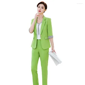 レディースツーピースパンツファッションレディースブレザーとパンツスーツオレンジグリーンの女性ハーフスリーブジャケットズボンビジネスワーク2