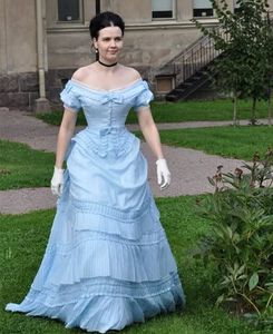 2024 Vintage Victorian Bustle Prom Dresses Off the Shoulder Gleats Ruffles Long Medieval Formal Party Gowns Elegant Light Sky Blue Evening Dress for Women