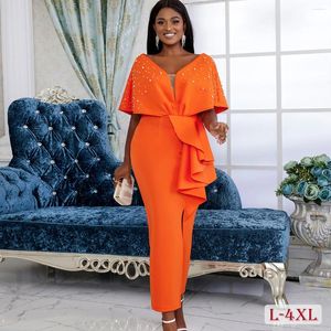 Plus Size Dresses Elegant Women Party Dress 4XL Sexy Lady Ruffled Cloak Beading Evening Female Orange Birthday Prom Vestido