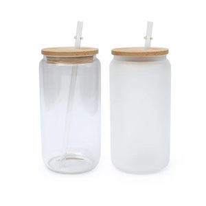ウサカン倉庫2日配達16オンスの昇華ガラスマグカップは、竹のふたで形を整えるガラスタンブラー缶