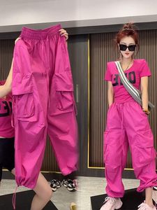 Kvinnor Pants Women's Women Byxor Autumn High midja Casual Wide Leg 2023 Pink Harajuku Streetwear Joggers Pantalones Cargo