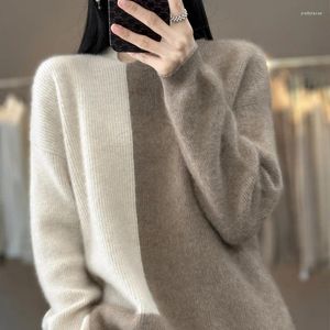 Suéteres femininos mulheres estilo europeu cor bloco cashmere suéter outono inverno em torno do pescoço lã 100 puro solto engrossado