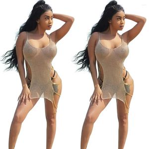 Casual Dresses 2023 Summer Dress Sexy Women Golden Wool Perspective Hollow Out Beach Cover Up Sunscreen Midi Club Party Slim