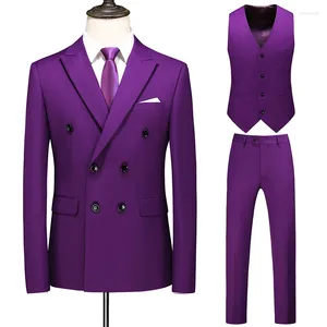 Men's Suits ( Jacket Vest Pants ) Groom Wedding Dress Double Breasted Solid Color Mens Slim Suit 3Pces Set Formal Stage Tuxedo Social