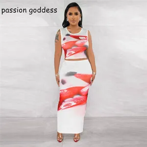 Work Dresses Summer Bodycon Sexy 2 Piece Set Women Sleeveless Red Lips 3D Print Tank Top And Split Long Pencil Skirts Two Outfits