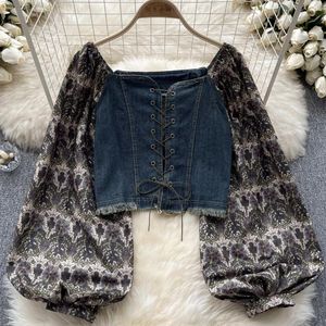 Women's Blouses European And American Retro Spicy Girl Slim Fit Slash Neck Denim Shirt Autumn Bubble Sleeve Tie Design Short Blouse Top