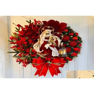 Flores decorativas grinaldas sagradas guirlanda de natal com luzes pendurado ornamentos porta da frente decorações de parede feliz árvore gota deliv dhueg