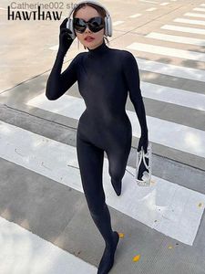Kvinnors jumpsuits Rompers Hawthaw Women Long Sleeve Bodycon Streetwear Black Jumpsuit Overall One Piece Outfit 2022 Autumn Wholesale Party for Business T231023