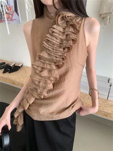 Camisoles tankar främmande kitty s-l ärmlösa tank tops mjuka kvinnor chic ruffles slim office wear lady mujer sommar mild sexig casual 231023