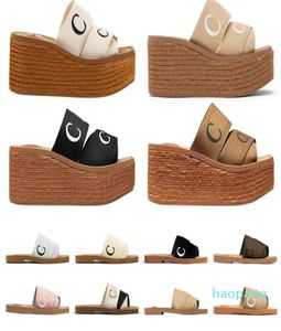 Chinelos de plataforma alpercatas Woody Mules Cunha Salto Lona Renda Slides Dedo Quadrado Moda Fash7449379