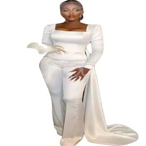 Civil Nigeria Jumpsuit Wedding Dress 2024 Court Train Soft Satin Elegant Boho Bride Dress Long Sleeve Square Neck African Outfit Brudklänningar Casamento Gala Mujer