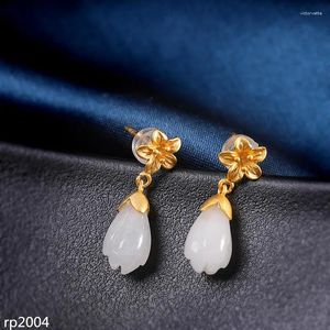 Stud Earrings KJJEAXCMY Boutique Jewelry S925 Sterling Silver Gold-plated Women's Magnolia Hetian Jade