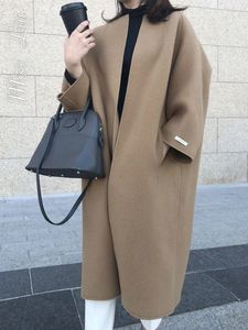 Womens Wool Blends Autumn and Winter Clothing Jacket Solid Round Neck Long Sleeved Casual Straight Tube Splicing Trench Coat for Women 231023