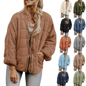 Solid Collar Cotton Jacket 2023 Lös ficka långärmad kappa varm casual mode dragkedja topp tröja för kvinnor